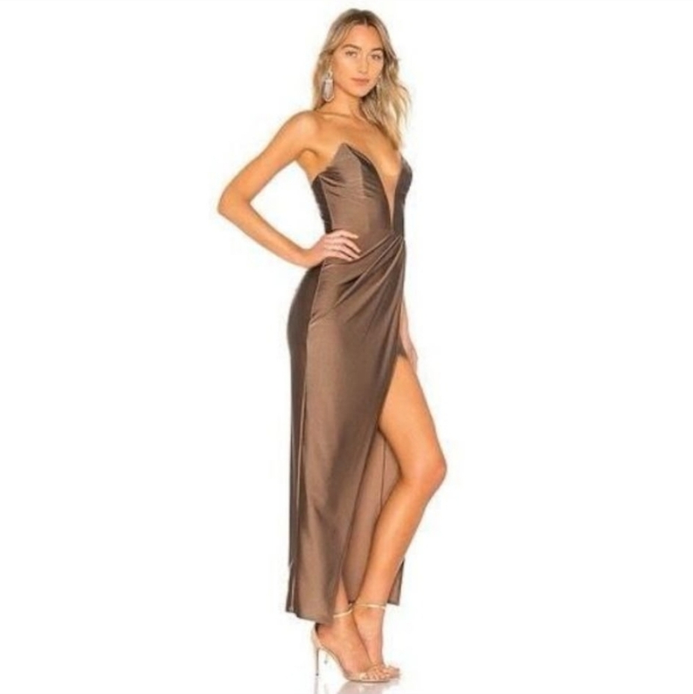 NWT Michael Costello X Revolve Womens Satin Surplice Skirt Jake Gown Taupe Small - Picture 2 of 11